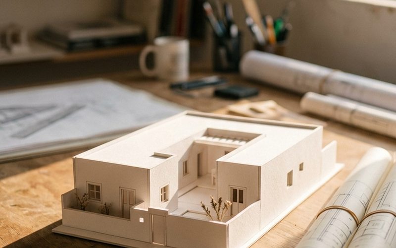 Maqueta a escala de una casa junto a planos enrollados