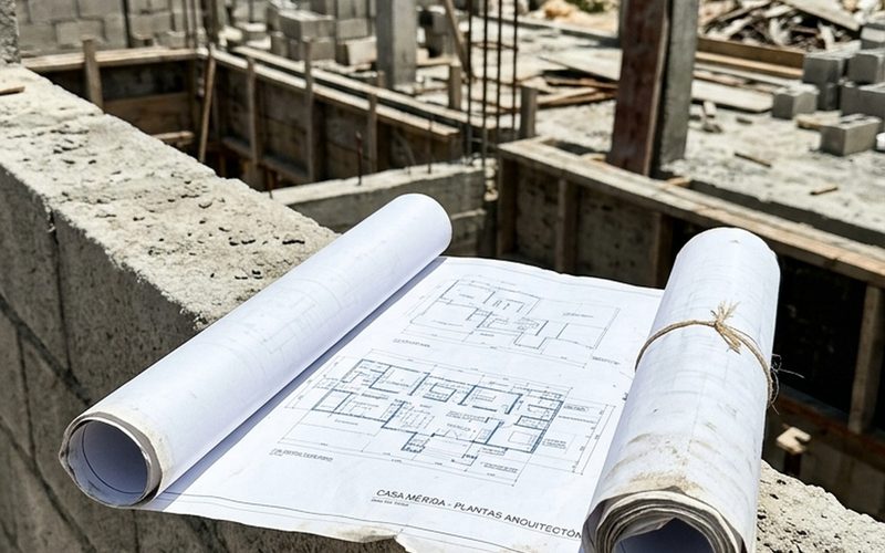 Plano desplegado sobre muro de block en obra